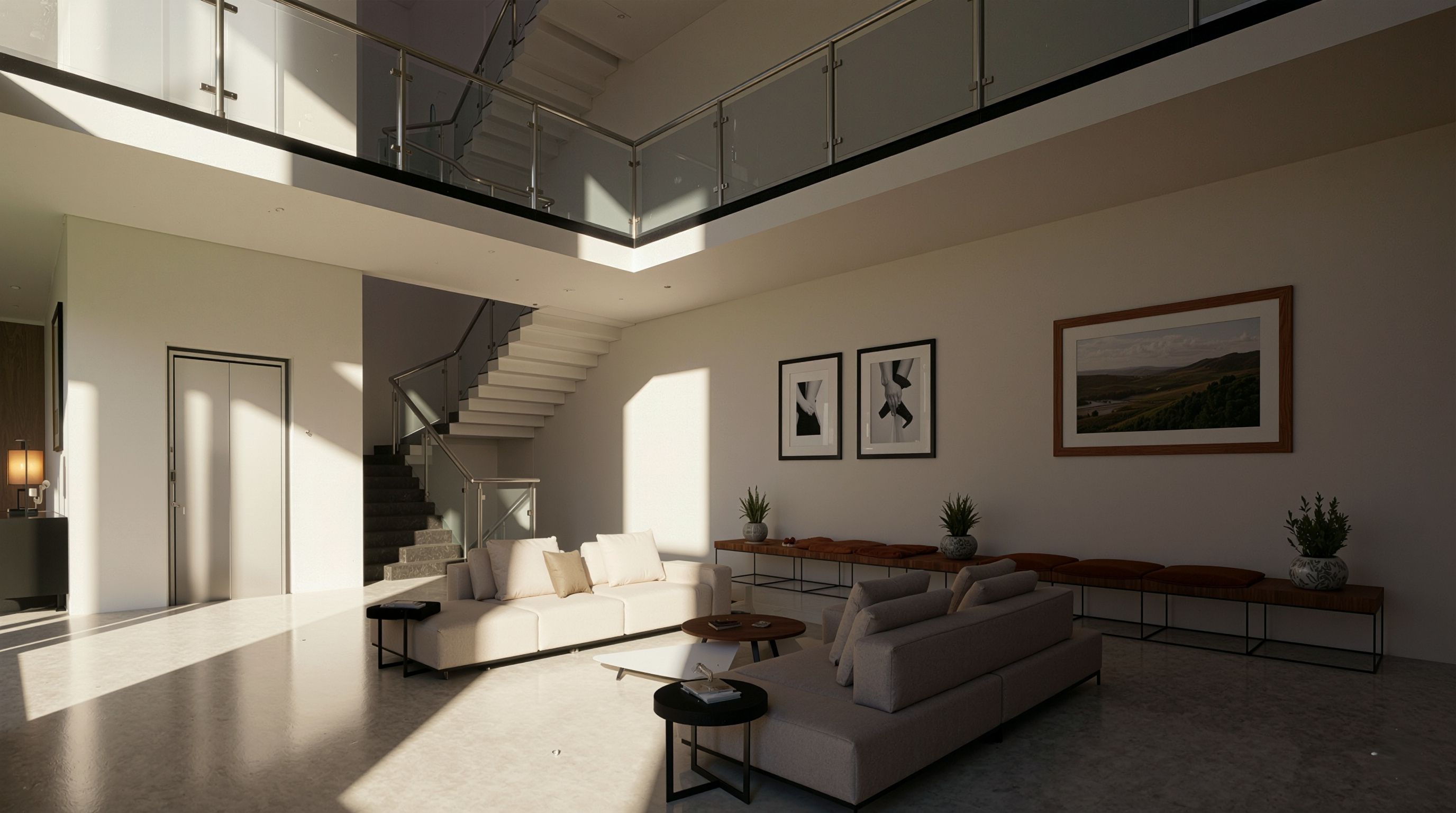 The Imaginary House - double-height living room with floating staircase and mezzanine
